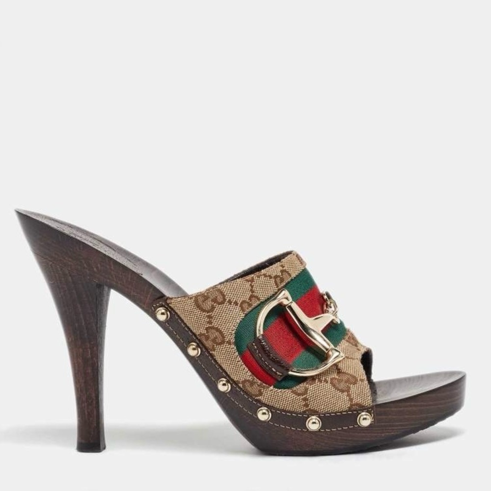 Gucci GG Canvas Web Horsebit Wood Mule Slide High Heels Sandals Size 8.5